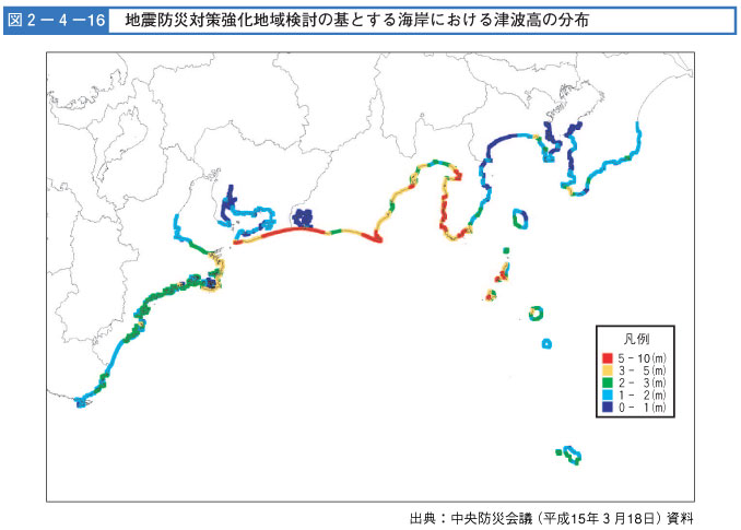 図２-４-１６　地震防災対策強化地域検討の基とする海岸における津波高の分布