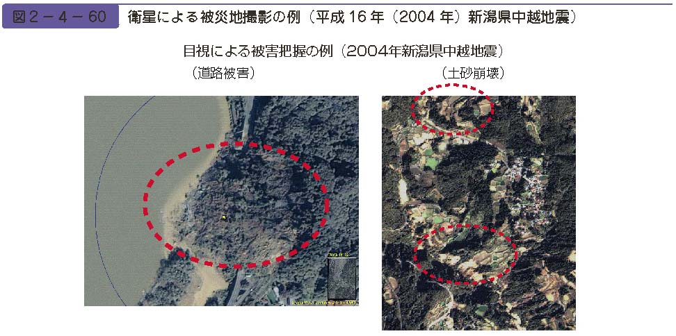 図２−４−60　衛星による被災地撮影の例（平成16 年（2004 年）新潟県中越地震）