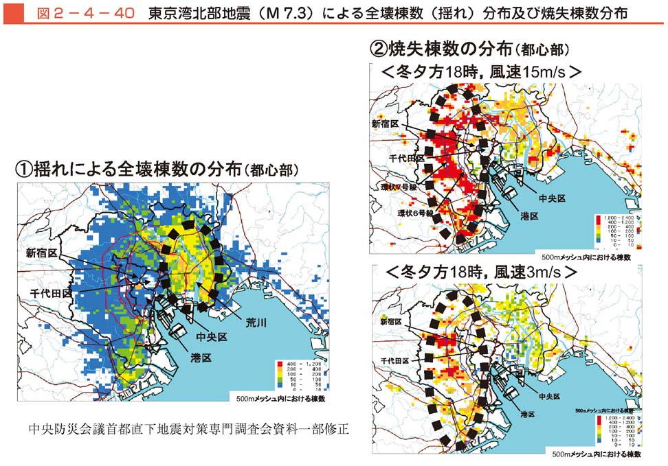 図２−４−40　東京湾北部地震（M7.3）による全壊棟数（揺れ）分布及び焼失棟数分布