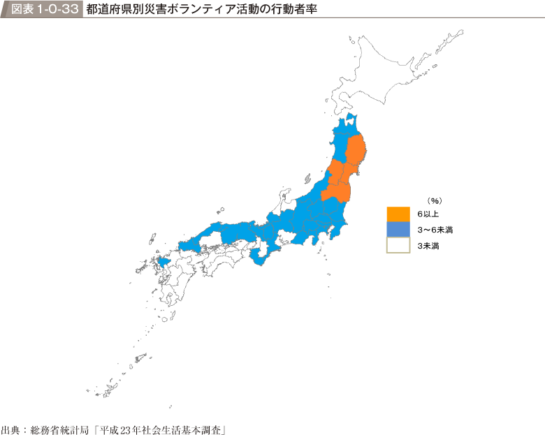 図表1-0-33　都道府県別災害ボランティア活動の行動者率