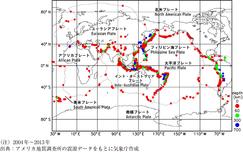 附属資料68 世界のマグニチュード6以上の震源分布とプレート境界