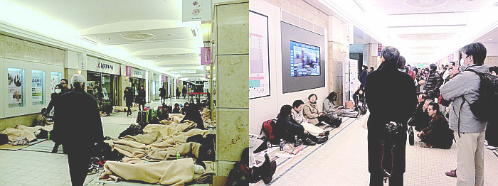 2011年3月11日東日本大震災当日の東京・丸の内の様子。帰宅困難者に待機スペースを提供（左）、大型情報ビジョンで災害情報を提供（右）