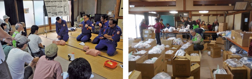 （写真左）「災害時行動訓練」でのAED講習（右）地元の神社で支援物資を収集・仕分けする「支援物資配布訓練」