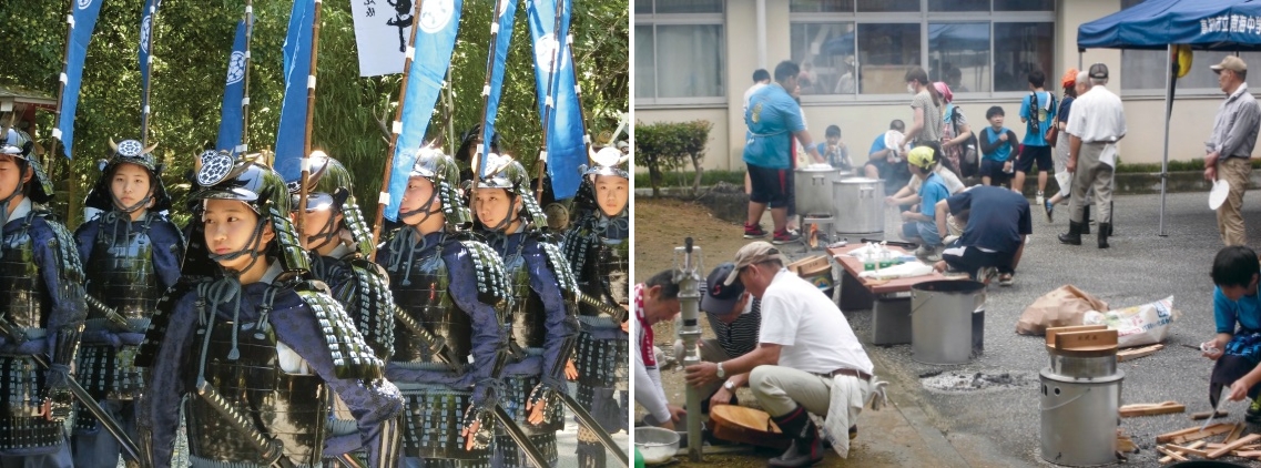 （写真左）武者姿で「長宗我部祭り」に参加する 生徒たち
（右）「防災フェア」での炊き出し訓練

