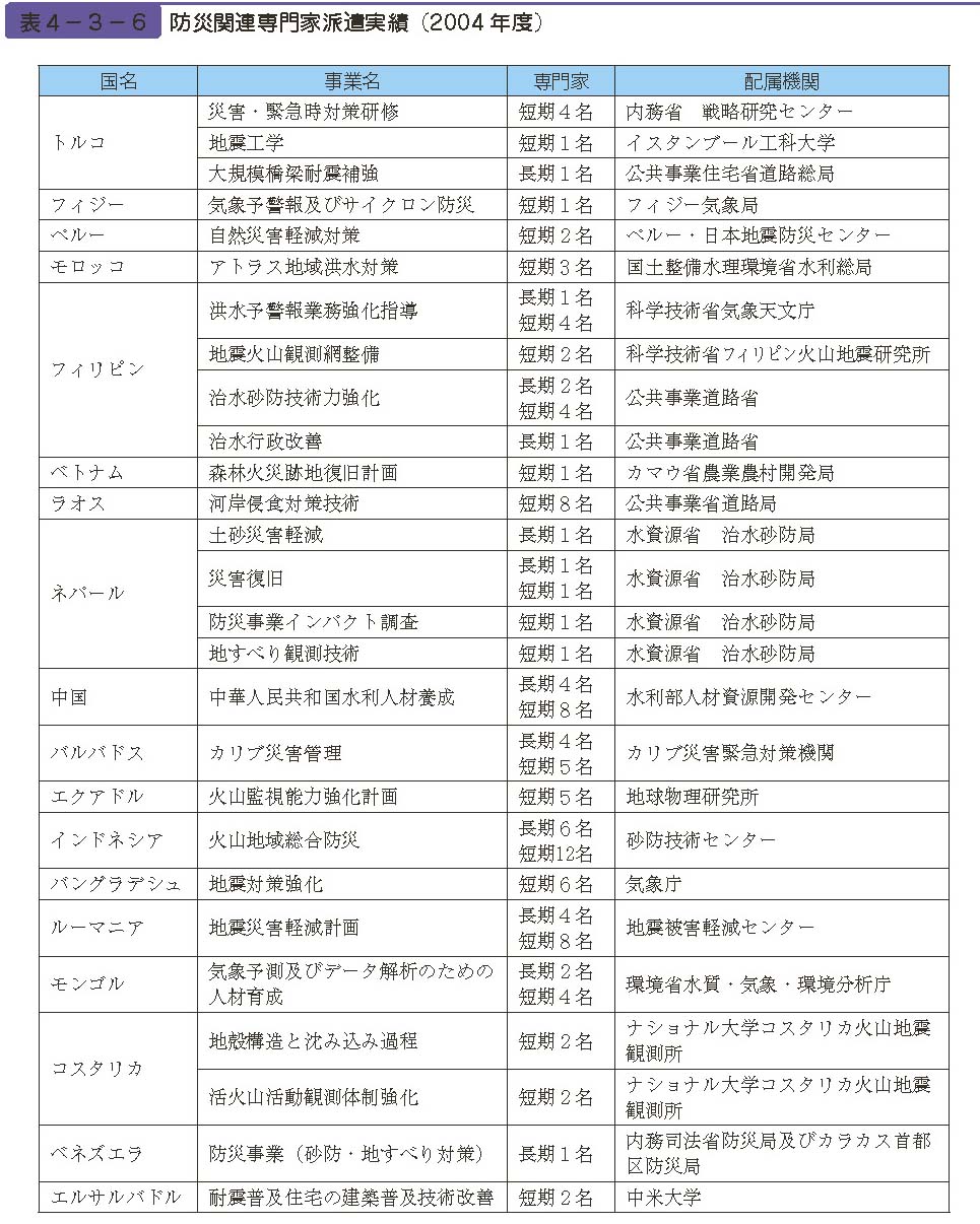 表４−３−６　防災関連専門家派遣実績（2004 年度）