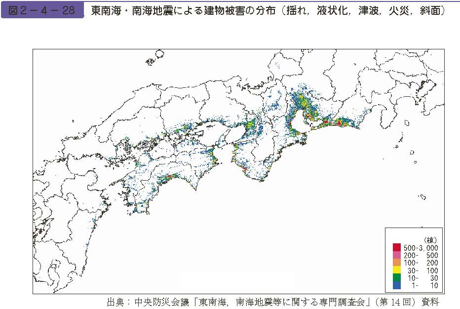 図２−４−28　東南海・南海地震による建物被害の分布（揺れ，液状化，津波，火災，斜面）