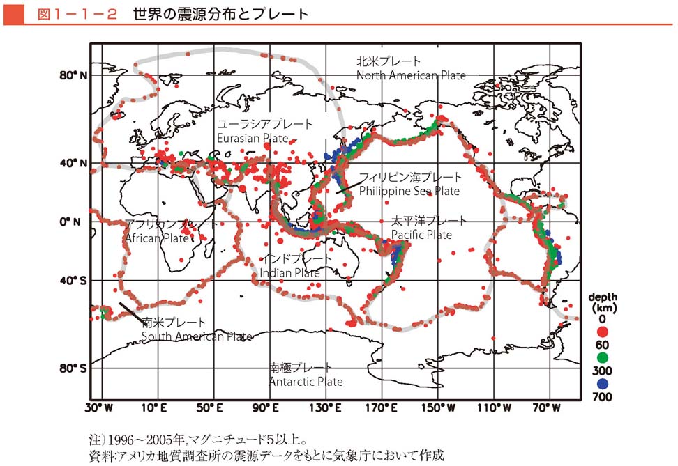 図１−１−２　世界の震源分布とプレート