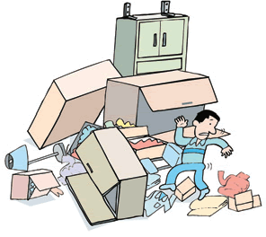 地震後に家の中を移動しようとしたものの、家具や物が散乱していて前に進めないで困っている男性のイラスト