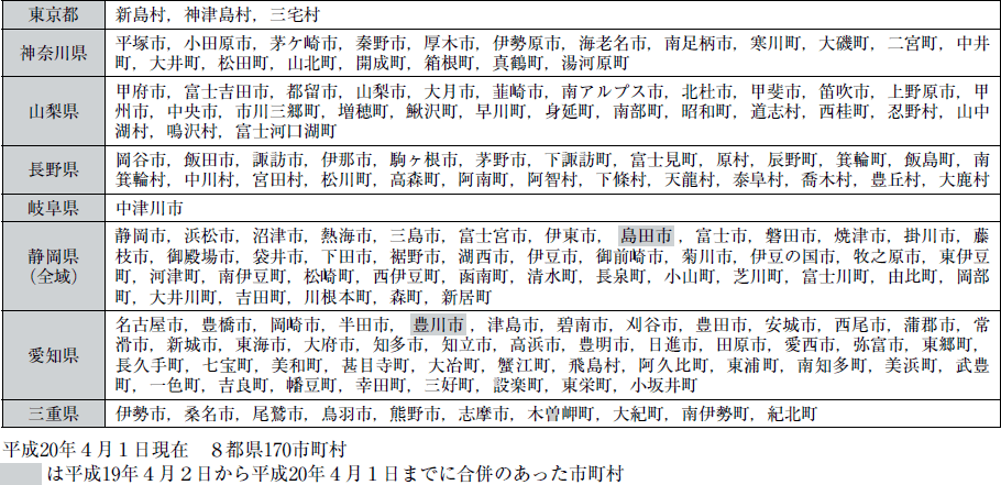 附属資料１３　東海地震に係る地震防災対策強化地域市町村一覧表