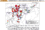 花折断層帯の地震（M７．４）時の火災延焼分布と文化遺産の位置（冬昼１２時，風速１５m/s）の図