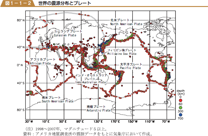 世界の震源分布とプレートの図