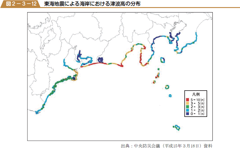 東海地震による海岸における津波高の分布の図