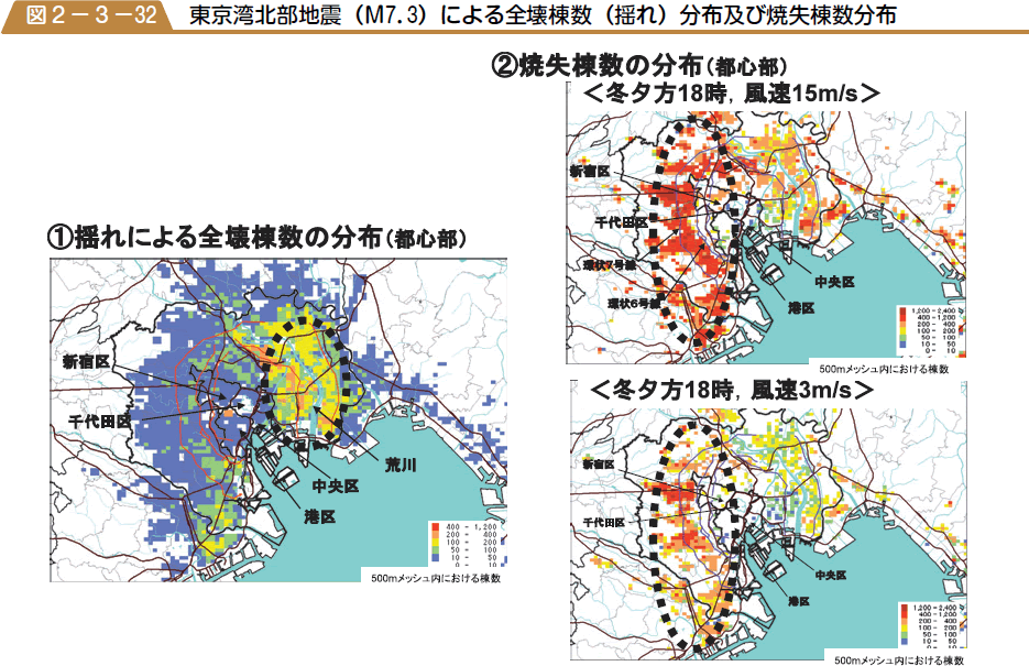 東京湾北部地震（Ｍ７．３）による全壊棟数（揺れ）分布及び焼失棟数分布の図