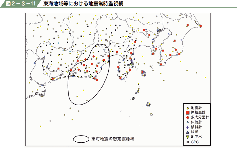 図２−３−１１ 東海地域等における地震常時監視網