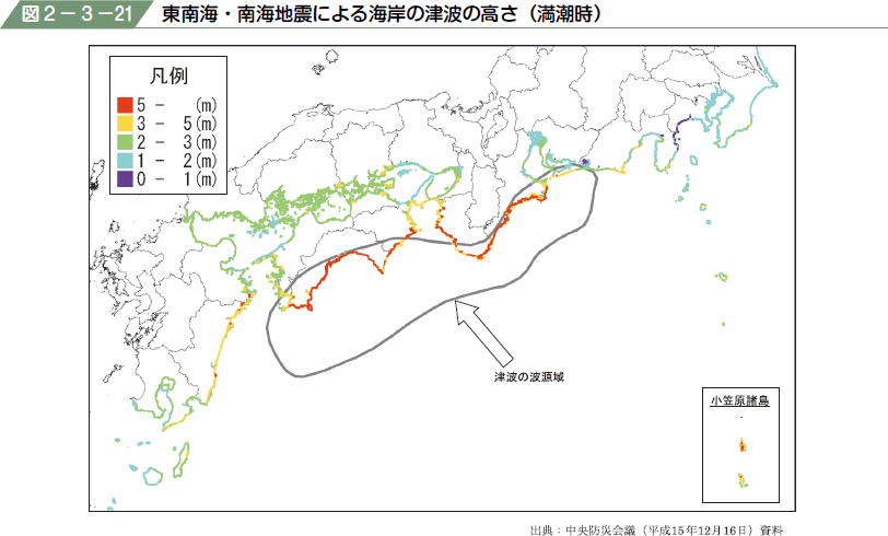 図２−３−２１ 東南海・南海地震による海岸の津波の高さ（満潮時）
