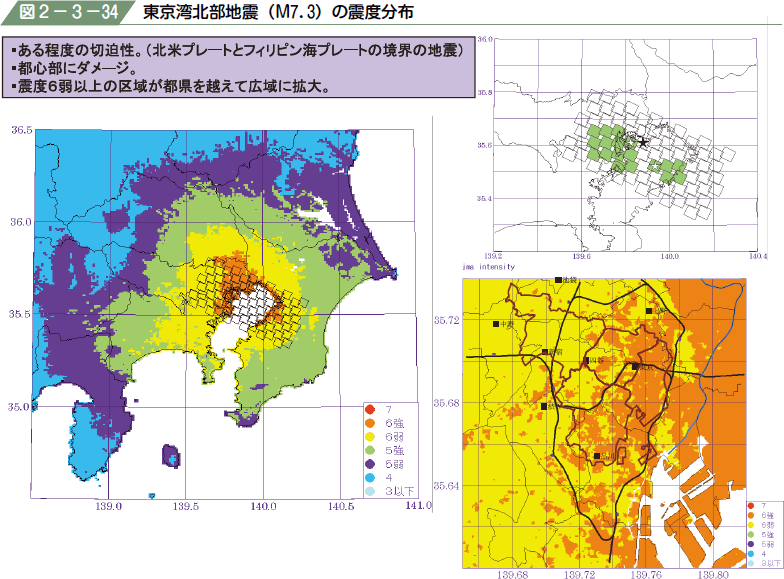 図２−３−３４ 東京湾北部地震（M７．３）の震度分布