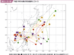 図２−３−５６ 平成２１年の台風の発生箇所とコースの図