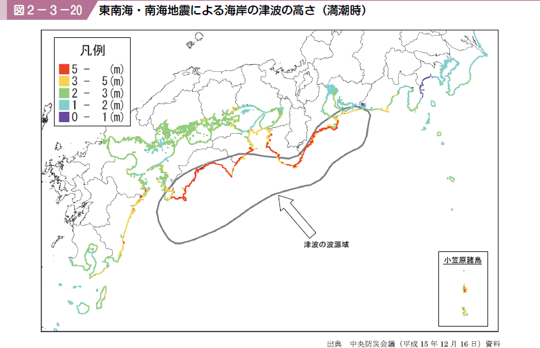 図２−３−２０ 東南海・南海地震による海岸の津波の高さ（満潮時）