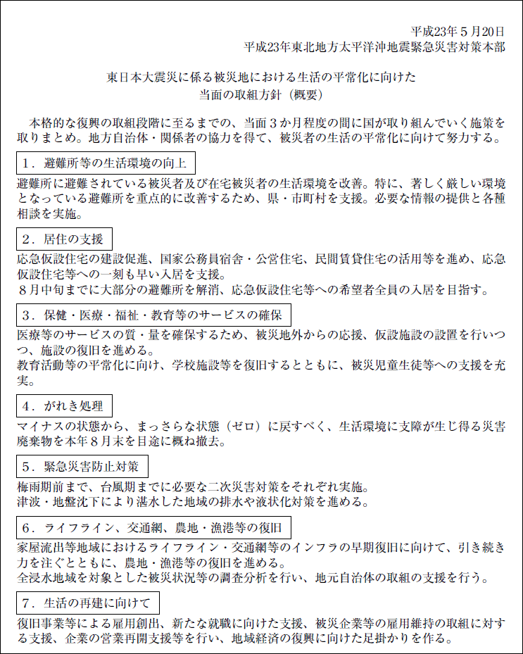 東日本大震災に係る被災地における生活の平常化に向けた当面の取組方針（概要）