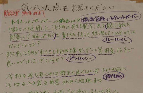 訓練中に気づいたことを記入した模造紙