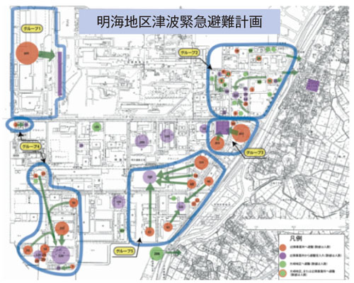 出典：明海地区内事業所が協働する津波緊急避難計画と避難訓練（H24.11明海地区防災連絡協議会）