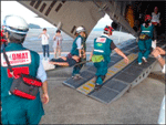 自衛隊機へ患者を搬送するDMAT（平成25年9月1日広域医療搬送実動訓練）