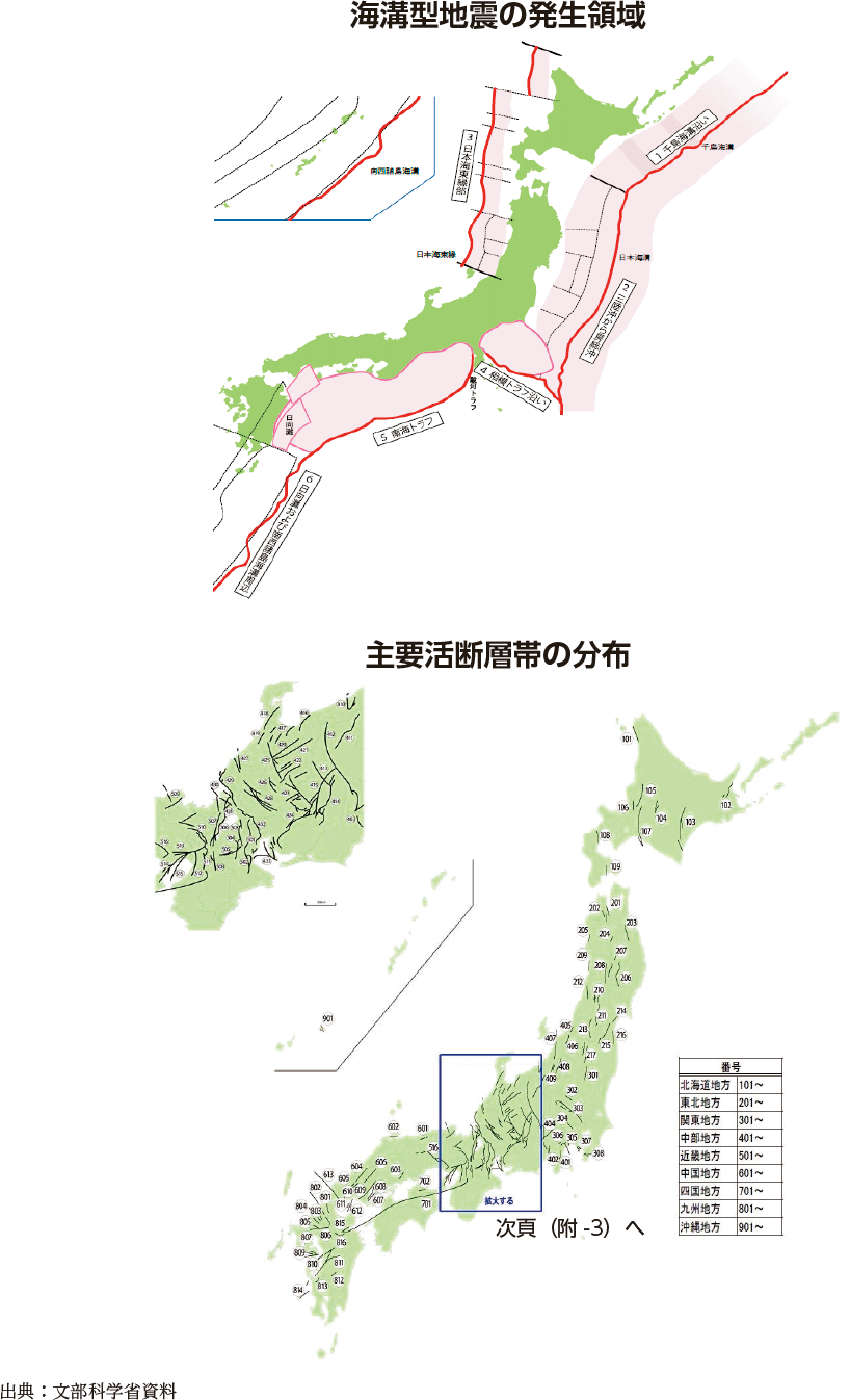 附属資料3　我が国の海溝型地震の発生領域と主要活断層帯の分布（1）