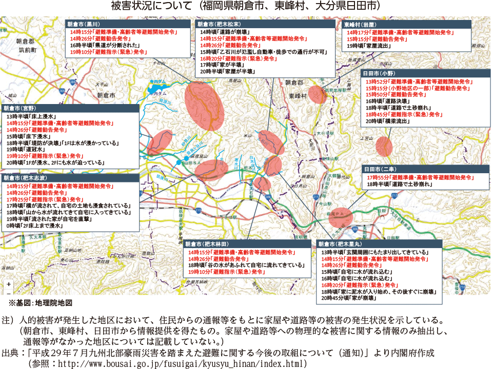 被害状況について（福岡県朝倉市、東峰村、大分県日田市）