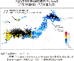 72時間降水量の期間最大値の分布図（6月28日0時～7月8日24時）