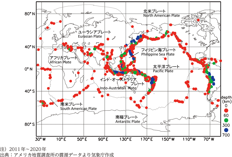 附属資料1　世界のマグニチュード6以上の震源分布とプレート境界