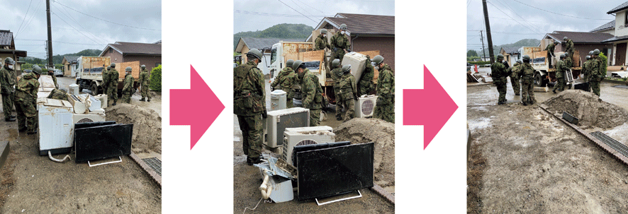 自衛隊の作業前後の様子（7月16日熊本県球磨村）