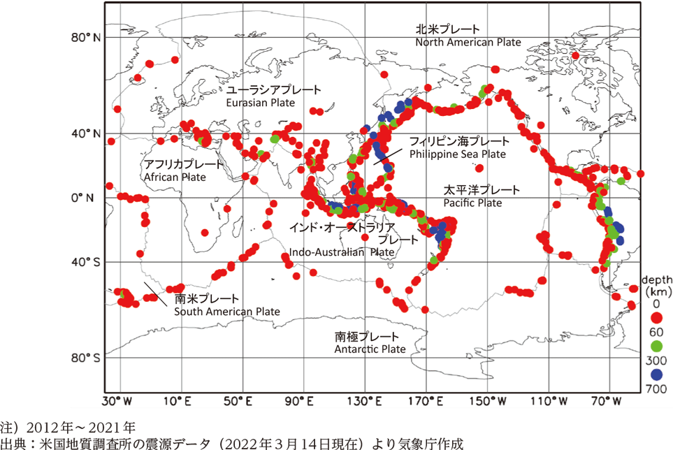 附属資料１　世界のマグニチュード６以上の震源分布とプレート境界