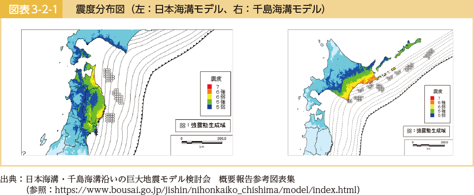 図表3-2-1　震度分布図（左：日本海溝モデル、右：千島海溝モデル）
