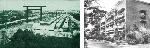 写真２　靖国神社境内のバラック（左）、同潤会青山アパート（右）