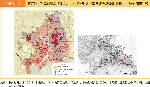図表1-4　東京市（当時）の焼失地域（約34.7km2）と死者分布（左）及び横浜市の焼失地域（約10km2）と出火点分布（右）