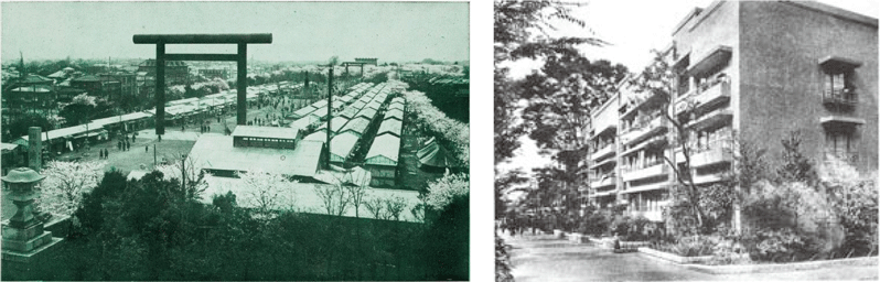 写真２　靖国神社境内のバラック（左）、同潤会青山アパート（右）