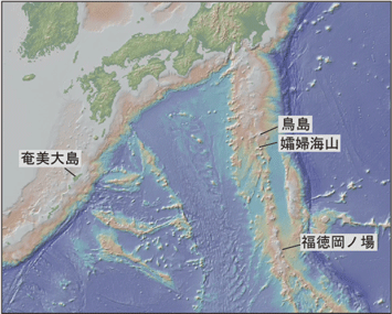 福徳岡ノ場、伊豆鳥島、孀婦海山、奄美大島周辺海域地図