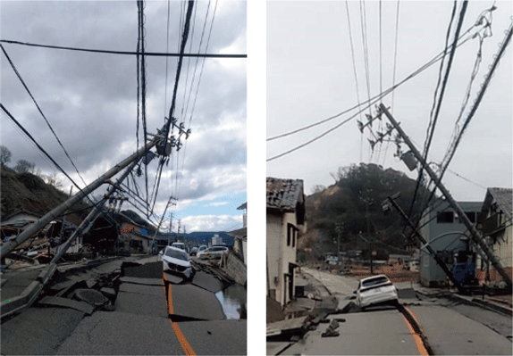 地震により倒壊した電柱