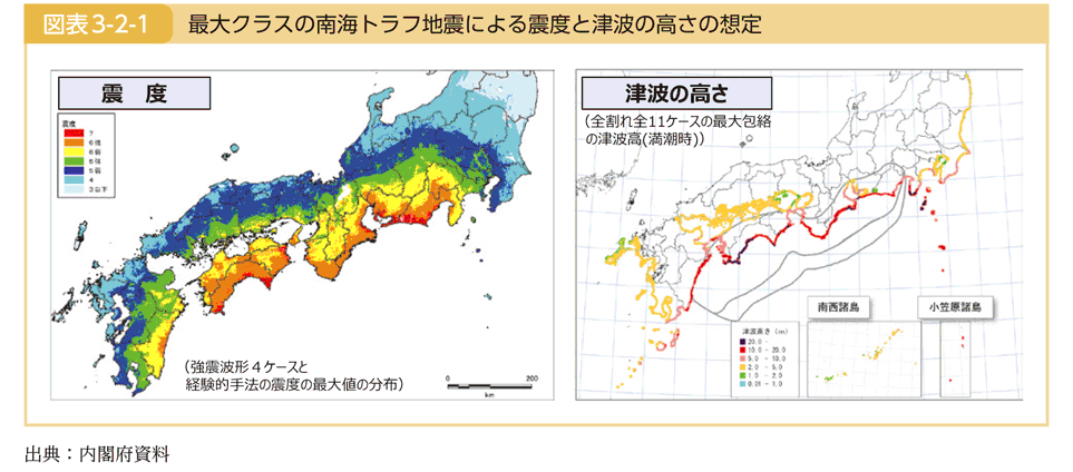 図表3-2-1 最大クラスの南海トラフ地震による震度と津波の高さの想定