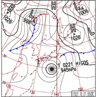 平成14年台風第21号における10月1日9時の地上天気図。夜には関東地方を通過し、翌朝、北海道に上陸。