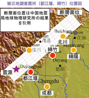 被災地調査箇所（都江堰、綿竹）位置図。