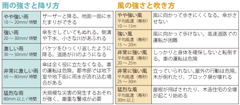 雨の強さと降り方／風の強さと吹き方