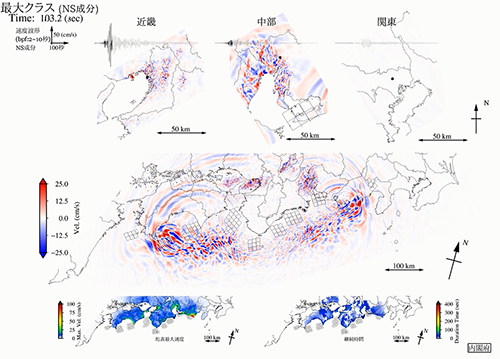 図4.長周期地震動が地表を伝わるアニメーション動画の画面イメージ(上段:三大都市圏拡大表示、中段:広域表示、下段:最大速度(左)・継続時間(右))