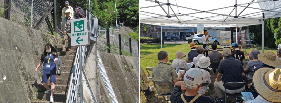 （写真左）「津波避難マップ」作成のために自主防災組織と現地調（右）地域住民への避難訓練説明会