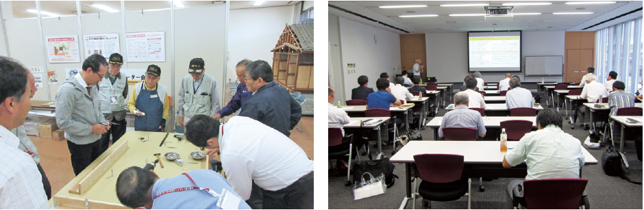 講習会で家具固定の方法を学ぶ会員（左）　愛知工業大学のキャンパスで開催される「BCP 塾」（右）