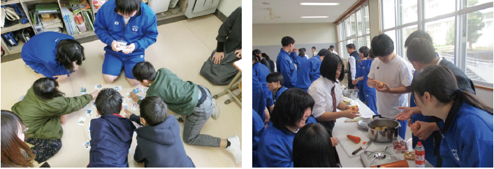 防災カルタを使った小学校での出前授業(左) 炊き出しの訓練(右)
