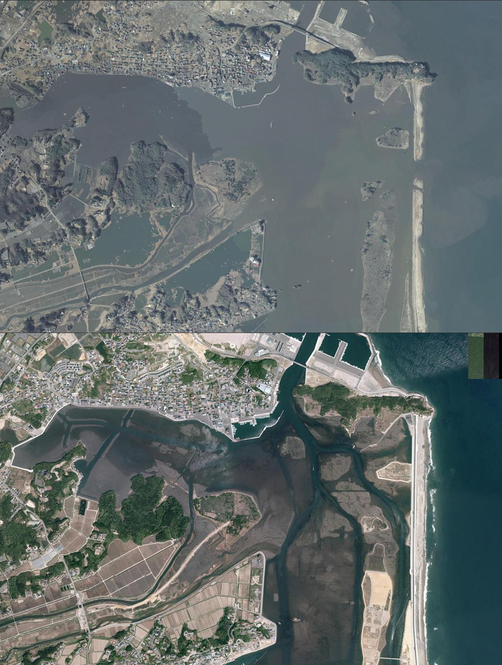 <p> 松川浦付近の震災直後（上）と現在（下）の比較（国土地理院航空写真より）