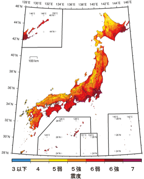 図1 今後30年間にその値以上の揺れに見舞われる確率が3%となる震度