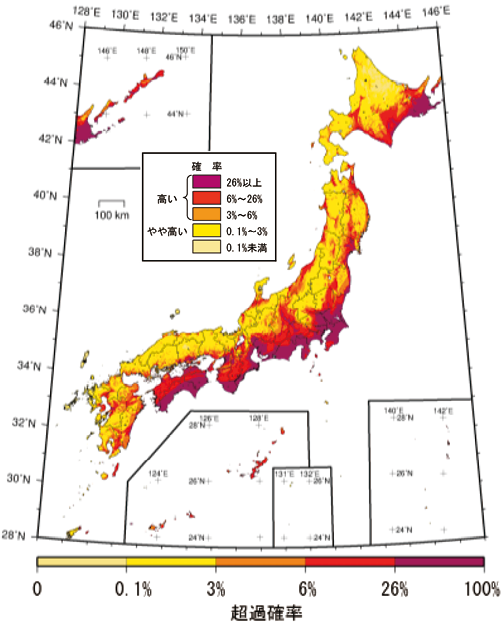 図2 今後30年間に震度6弱以上の揺れに見舞われる確率