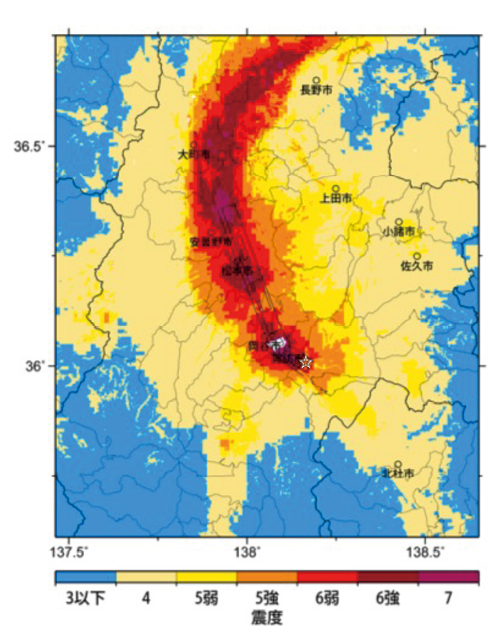 図3 糸魚川－静岡構造線断層帯中北部区間が活動する地震による震度の分布の例